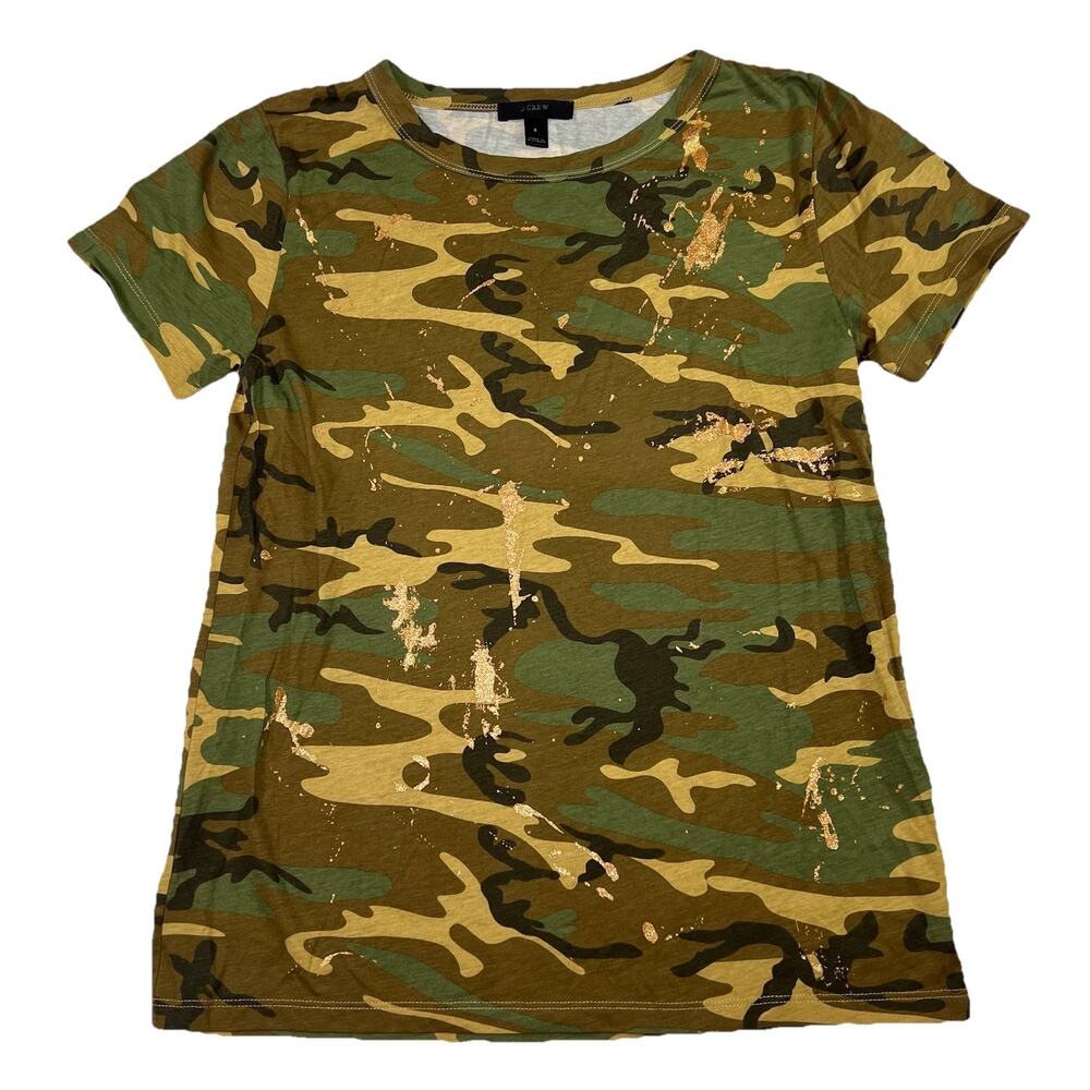 J. Crew Camouflage T-Shirt Women's Size S Green Camo Gold Splatter Cotton Tee